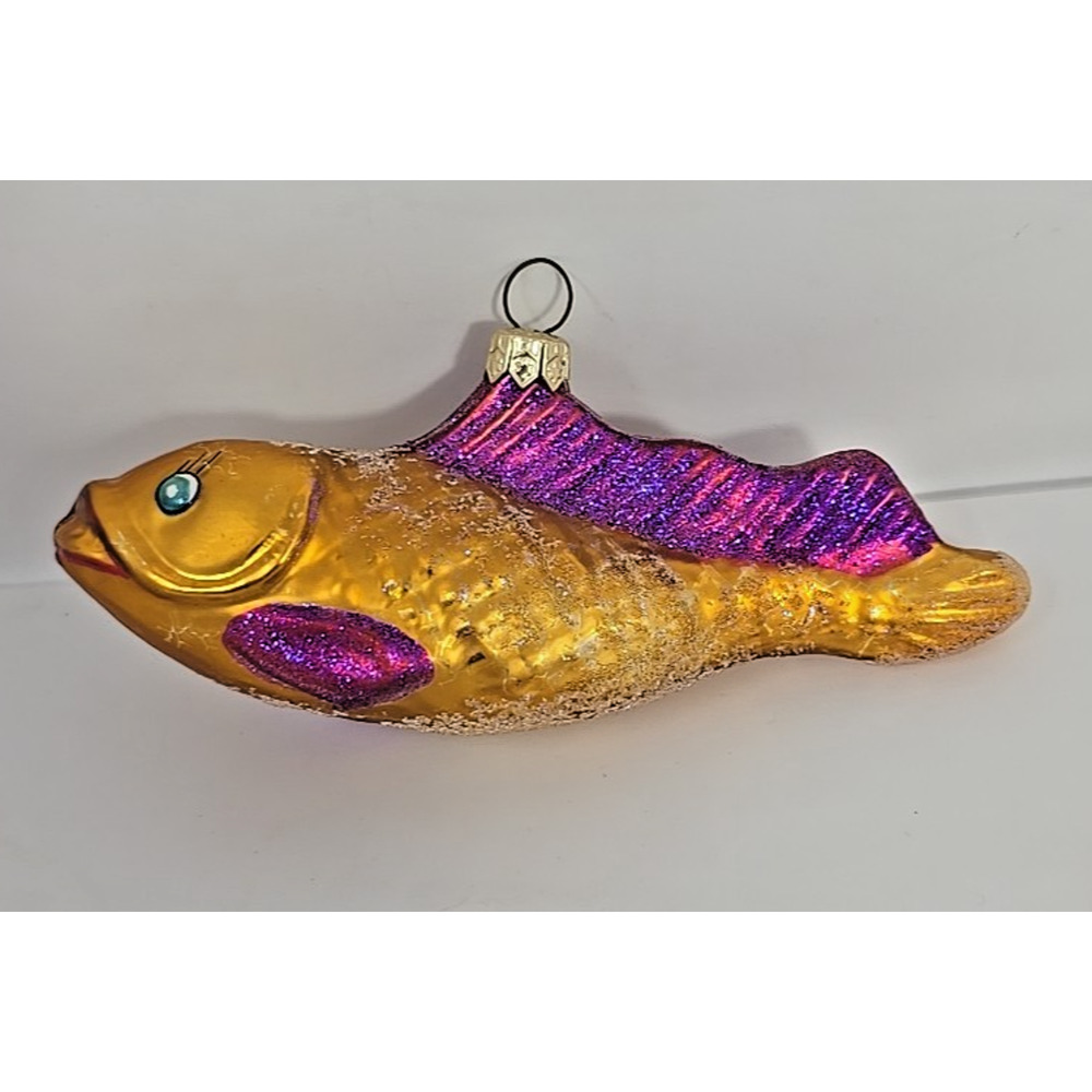 1997 Christopher Radko Goldie Fish Gold Purple Glass Christmas Ornament U33AQ